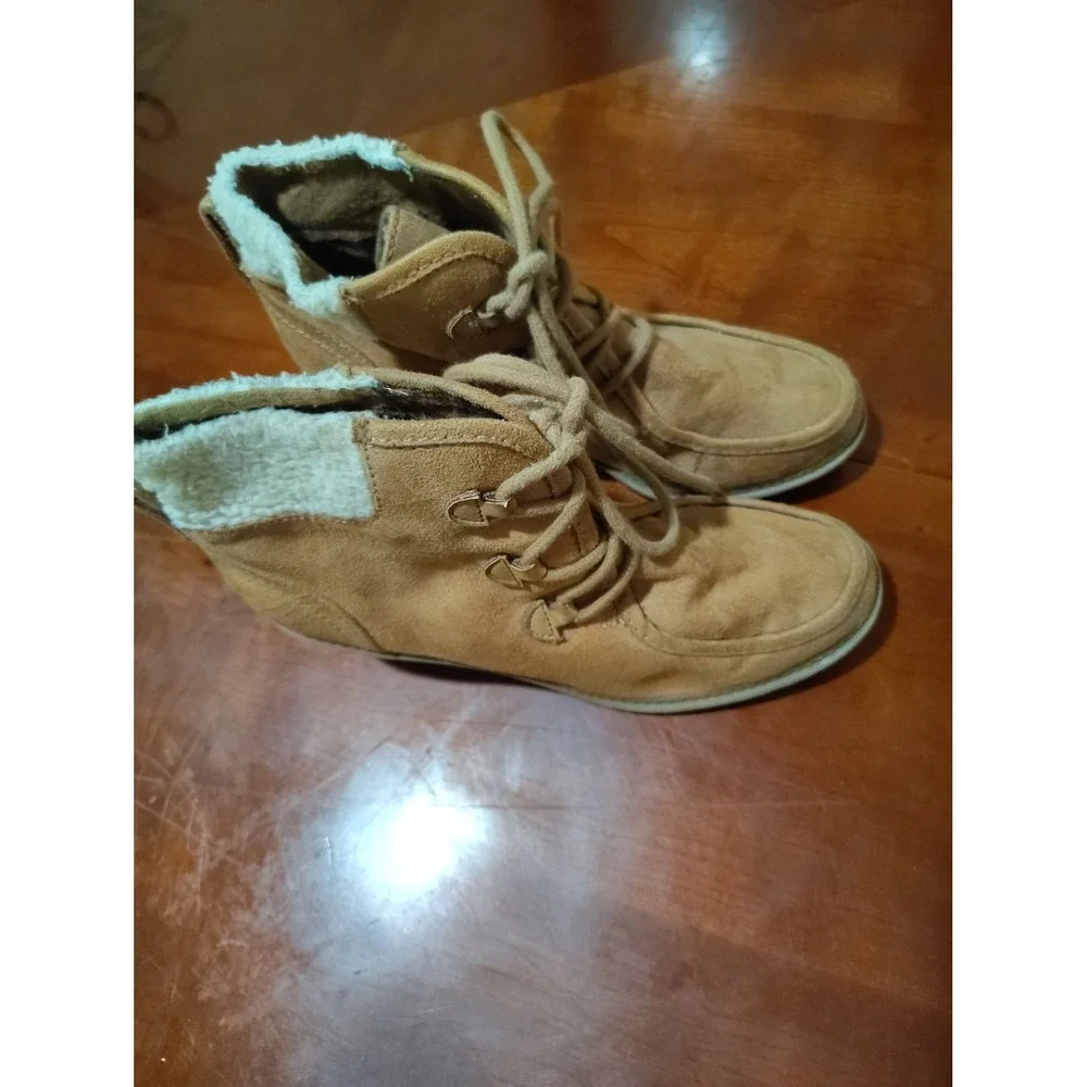 Mad Love Tan Faux Suede Wedge Ankle‎ Boots with Faux Shearling Trim Lace Up Tan